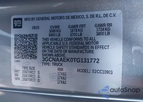 2026 Chevrolet Silverado 1500 2Wd Long Bed Wt z USA, uszkodzony, nr VIN 3GCNAAEK0TG131772